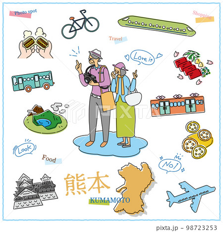 日本の熊本県のグルメ観光を楽しむ旅行客のシニア夫婦とアイコンセット（線画） 98723253
