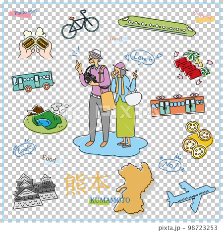 日本の熊本県のグルメ観光を楽しむ旅行客のシニア夫婦とアイコンセット（線画） 98723253
