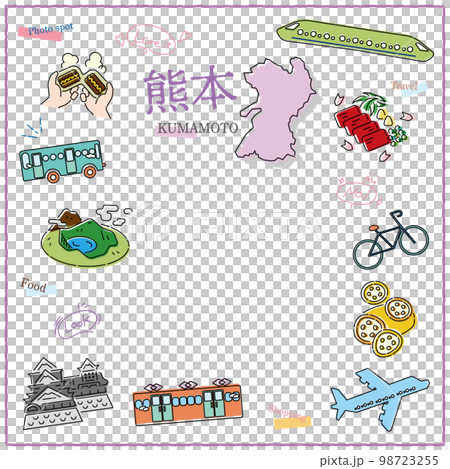 日本の熊本県のグルメ観光のアイコンセット（線画） 98723255