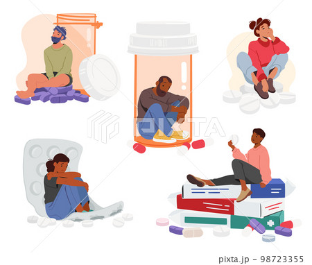 Set Of People Sitting On Medical Tablets. Concept Of Medication Illness And Disorder Treating, Antidepressants Set Of People Sitting On Medical Tablets. Concept Of Medication Illness And Disorder Treating, Antidepressants 98723355