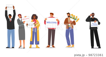 People Meeting Someone In Airport. Male And Female Characters Holding Welcome Banners Waiting Friend, Colleague 98723361