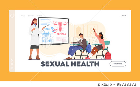 Sexual Health And Education Landing Page Template. Teacher Female Character Stand At Blackboard Explain To Students 98723372