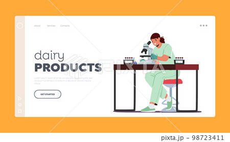 Dairy Product Landing Page Template. Scientist Female Character Testing Production In Laboratory. Expert Woman 98723411