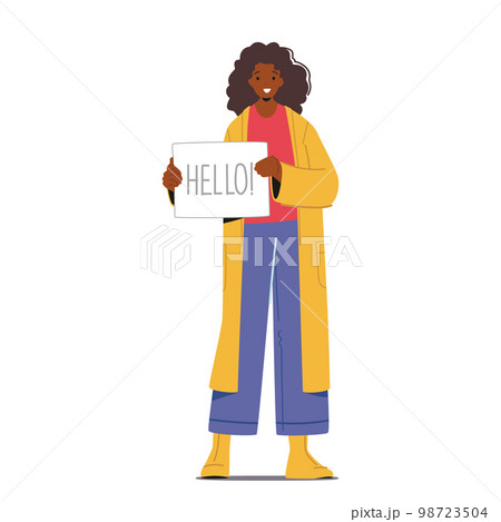 Female Character Meet Someone In The Airport Hall, Black Woman In Casual Clothes Holding Hello Broadsheet 98723504