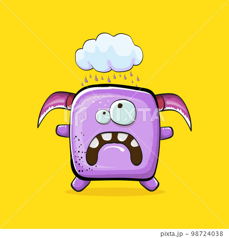 Vector cartoon funny violet monster with horn isolated on yellow background. Smiling silly violet monster print sticker design template. Ghost, troll, gremlin, goblin, devil and monster 98724038