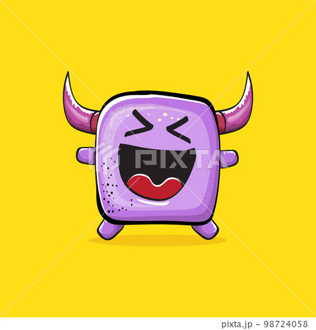 Vector cartoon funny violet monster with horn isolated on yellow background. Smiling silly violet monster print sticker design template. Ghost, troll, gremlin, goblin, devil and monster Vector cartoon funny violet monster with horn isolated on yellow background. Smiling silly violet monster print sticker design template. Ghost, troll, gremlin, goblin, devil and monster 98724058