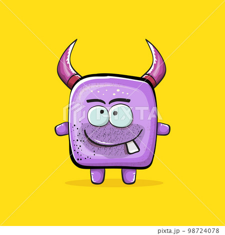 Vector cartoon funny violet monster with horn isolated on yellow background. Smiling silly violet monster print sticker design template. Ghost, troll, gremlin, goblin, devil and monster Vector cartoon funny violet monster with horn isolated on yellow background. Smiling silly violet monster print sticker design template. Ghost, troll, gremlin, goblin, devil and monster 98724078