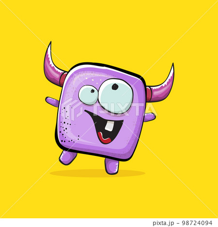 Vector cartoon funny violet monster with horn isolated on yellow background. Smiling silly violet monster print sticker design template. Ghost, troll, gremlin, goblin, devil and monster Vector cartoon funny violet monster with horn isolated on yellow background. Smiling silly violet monster print sticker design template. Ghost, troll, gremlin, goblin, devil and monster 98724094