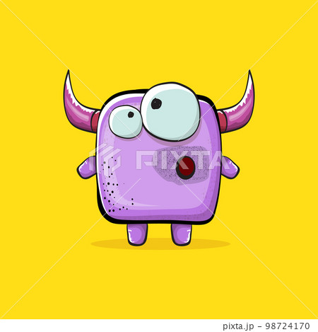 Vector cartoon funny violet monster with horn isolated on yellow background. Smiling silly violet monster print sticker design template. Ghost, troll, gremlin, goblin, devil and monster 98724170