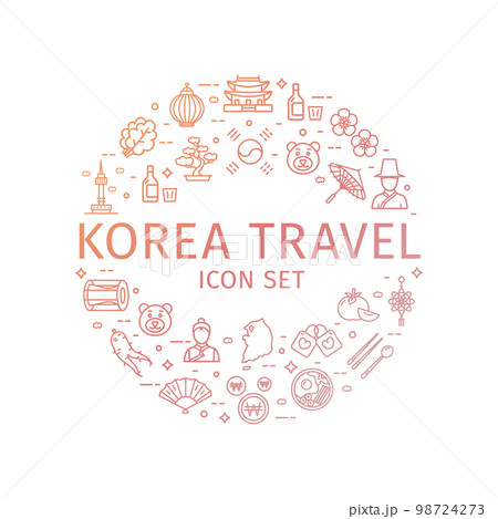 Korea Travel and Tourism Round Design Template Thin Line Icon Concept. Vector 98724273