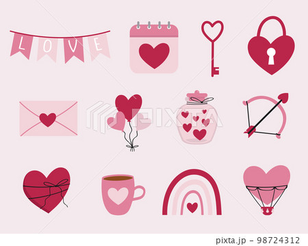 Cute cartoon style Valentine's Day set of elements. 98724312