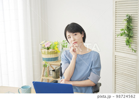 家でパソコンの前で考える車椅子に乗った障がい者女性 家でパソコンの前で考える車椅子に乗った障がい者女性 98724562