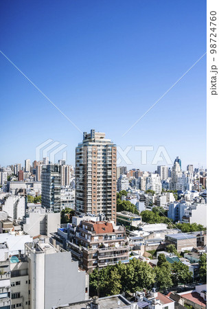 View of Buenos Aires from above. Cityscape architecture, houses and roofs of areas of Buenos Aires, Argentina. 98724760