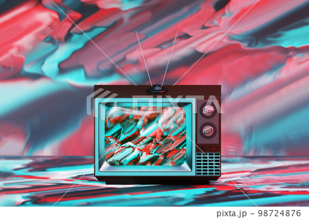 Old vintage TV with glitch screen on glitch background, 3d rendering Old vintage TV with glitch screen on glitch background, 3d rendering 98724876