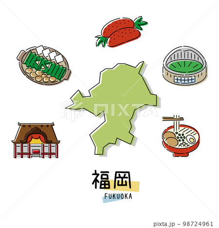 日本の福岡県のグルメ観光アイコンセット（線画） 98724961