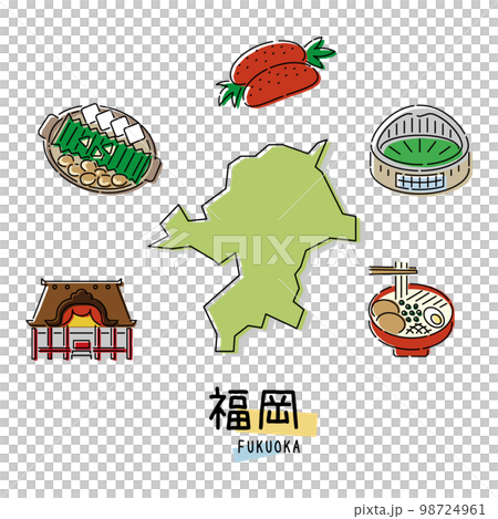 日本の福岡県のグルメ観光アイコンセット（線画） 98724961