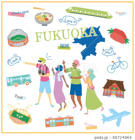 日本の福岡県のグルメ観光を楽しむ旅行客とアイコンセット 98724964