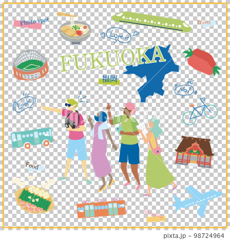 Icon set with tourists enjoying gourmet sightseeing in Fukuoka Prefecture, Japan Icon set with tourists enjoying gourmet sightseeing in Fukuoka Prefecture, Japan 98724964