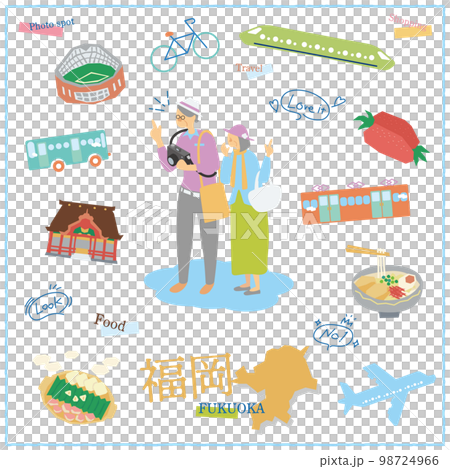 日本の福岡県のグルメ観光を楽しむ旅行客のシニア夫婦とアイコンセット 日本の福岡県のグルメ観光を楽しむ旅行客のシニア夫婦とアイコンセット 98724966
