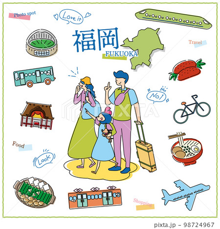 日本の福岡県のグルメ観光を楽しむ旅行客の家族とアイコンセット(線画) 日本の福岡県のグルメ観光を楽しむ旅行客の家族とアイコンセット(線画) 98724967