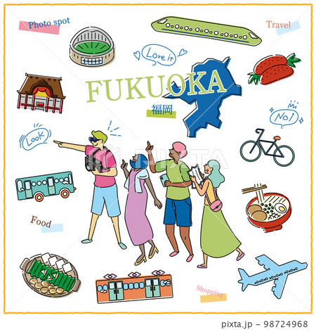 日本の福岡県のグルメ観光を楽しむ旅行客とアイコンセット（線画） 98724968