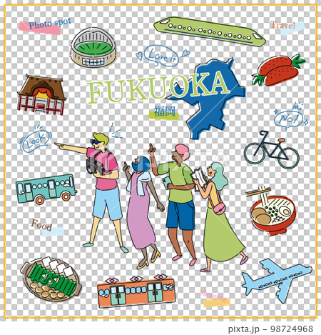 日本の福岡県のグルメ観光を楽しむ旅行客とアイコンセット（線画） 98724968