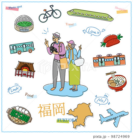 日本の福岡県のグルメ観光を楽しむ旅行客のシニア夫婦とアイコンセット（線画） 98724969