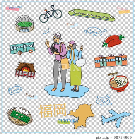 日本の福岡県のグルメ観光を楽しむ旅行客のシニア夫婦とアイコンセット（線画） 98724969
