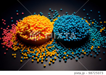 Crushed plastic granules for recycling. Plastic crusher. Recycled plastic with mixed colors. The concept of recycled plastic used Crushed plastic granules for recycling. Plastic crusher. Recycled plastic with mixed colors. The concept of recycled plastic used 98725073