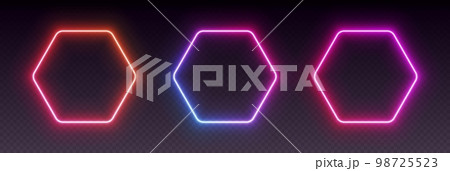 Neon gradient hexagonal frames, glowing borders set, colorful futuristic UI design elements. 98725523