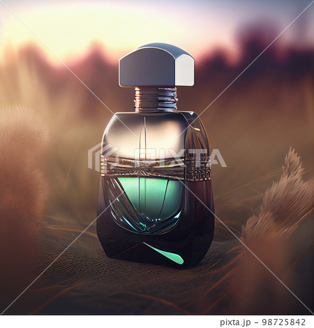 Bottle of perfume in sand. Yellow sand on the beach, man or woman unisex cosmetics. 98725842