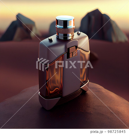 Bottle of perfume in sand. Yellow sand on the beach, man or woman unisex cosmetics. Bottle of perfume in sand. Yellow sand on the beach, man or woman unisex cosmetics. 98725845