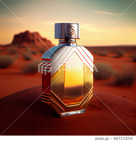Bottle of perfume in sand. Yellow sand on the beach, man or woman unisex cosmetics. Bottle of perfume in sand. Yellow sand on the beach, man or woman unisex cosmetics. 98725850