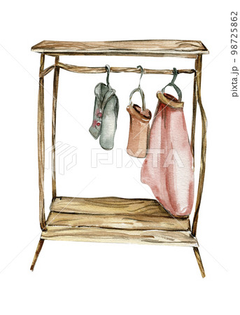 Watercolor wooden clothes dryer with clothes on it. Watercolor hand drawn illustration on white background. Perfect for greeting card, poster, wedding invitation, party decor. Watercolor wooden clothes dryer with clothes on it. Watercolor hand drawn illustration on white background. Perfect for greeting card, poster, wedding invitation, party decor. 98725862