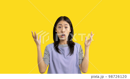 Asian woman acting shocked or surprised isolated on a white background,  Looking camera, Concept acts according to the emotions and feelings of excitement and shock, Yellow background, Copy space. 98726120