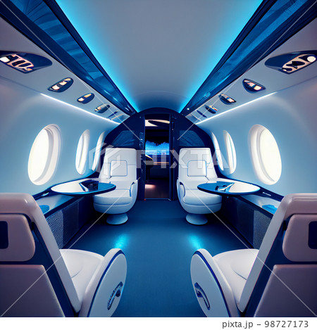 Business Interior Jet Airplane in blue and white color. 98727173