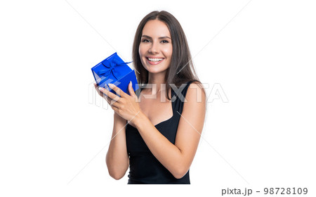 glad woman with present isolated on white. woman with present in studio. glad woman with present isolated on white. woman with present in studio. 98728109