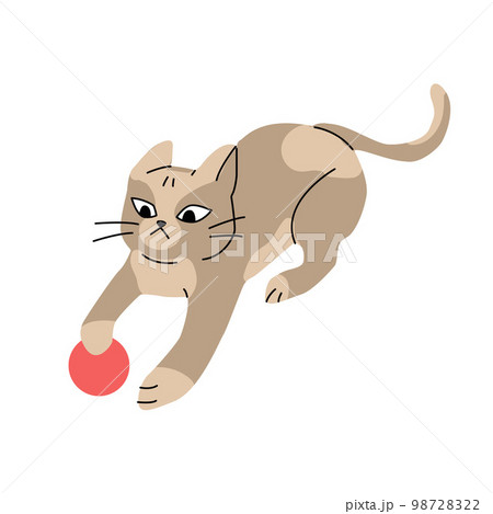 Illustration of excited funny cat, playing with a red ball, with ears backward Illustration of excited funny cat, playing with a red ball, with ears backward 98728322