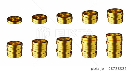 3D golden coin stack set, realistic render money pile animation kit on white, casino UI game assets 3D golden coin stack set, realistic render money pile animation kit on white, casino UI game assets 98728325