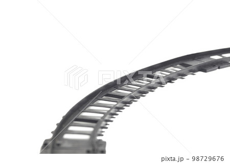 railway tracks on a toy children's railway,rails and sleepers toy, isolated on a white background, railway tracks on a toy children's railway,rails and sleepers toy, isolated on a white background, 98729676