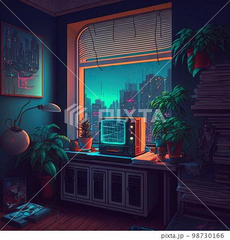 Nostalgic retro room in 80s synthwave or cyberpunk style. Futuristic neon interior of the 90s styled apartment 98730166