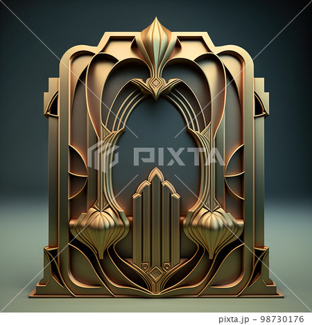 Golden ornamental art deco frame on black bakcground. Retro golden art deco or art nouveu frame with vintage ornament. Generative AI Golden ornamental art deco frame on black bakcground. Retro golden art deco or art nouveu frame with vintage ornament. Generative AI 98730176