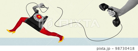 Contemporary art collage. Creative design. Retro phone running on female legs in bright red tights and heels. Don't want to talk 98730418