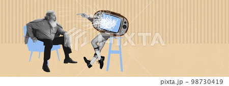 Contemporary art collage. Creative design. Senior man emotionally watching retro TV standing on male legs. Impressive news Contemporary art collage. Creative design. Senior man emotionally watching retro TV standing on male legs. Impressive news 98730419