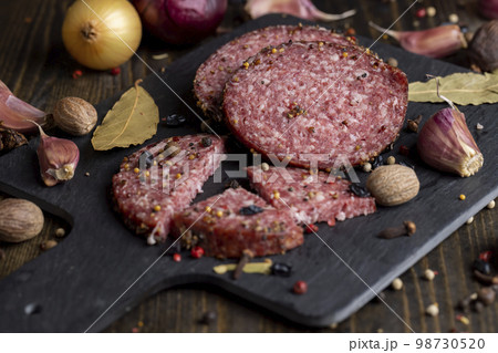 Sliced salami using beef meat with spices Sliced salami using beef meat with spices 98730520