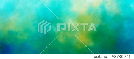 Abstract blue green and yellow background bright color grungy mist wallpaper texture with fog haze or smoke pattern in creative header design element horizontal painted textured web image backdrop 98730971