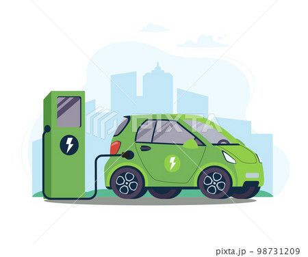 Battery EV vehicle plugged and getting electricity from renewable power generations. Vehicle being charged. Electric car on charging station against the background of the city.Vector illustration,flat Battery EV vehicle plugged and getting electricity from renewable power generations. Vehicle being charged. Electric car on charging station against the background of the city.Vector illustration,flat 98731209