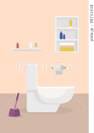 white ceramic toilet bowl with toilet paper with shelves and a brush 98731438