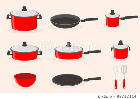 red kitchen utensils set pots pans for cooking vector illustration 98732114