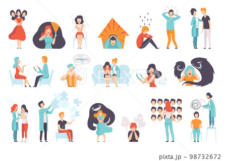 People suffering from psychological disorders set. Emotional burnout, depression, bipolar, seasonal affected, OCD. Mental health concept flat vector 98732672